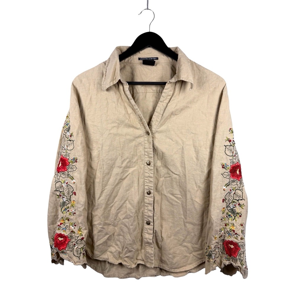 Vintage Pierre Cardin Beige Linen Blend Embroidered Floral Shirt Boho Festival